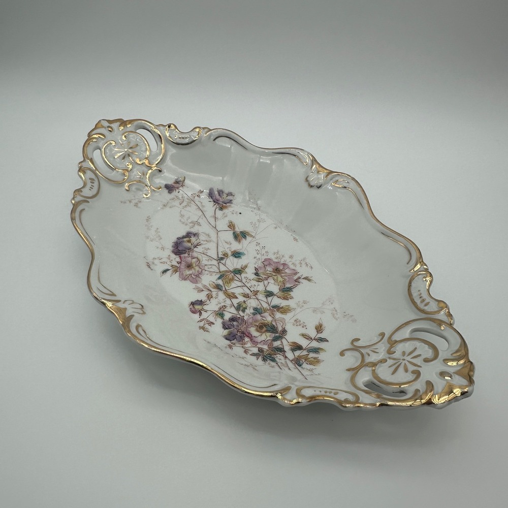 KPM Germany Porcelain Oval Bowl Floral Gold Gilt Reticulated Scalloped 15 Inch